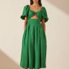 Clothing Shona Joy | Mare Linen Short Sleeve Cut Out Midi Dress - Tree Green