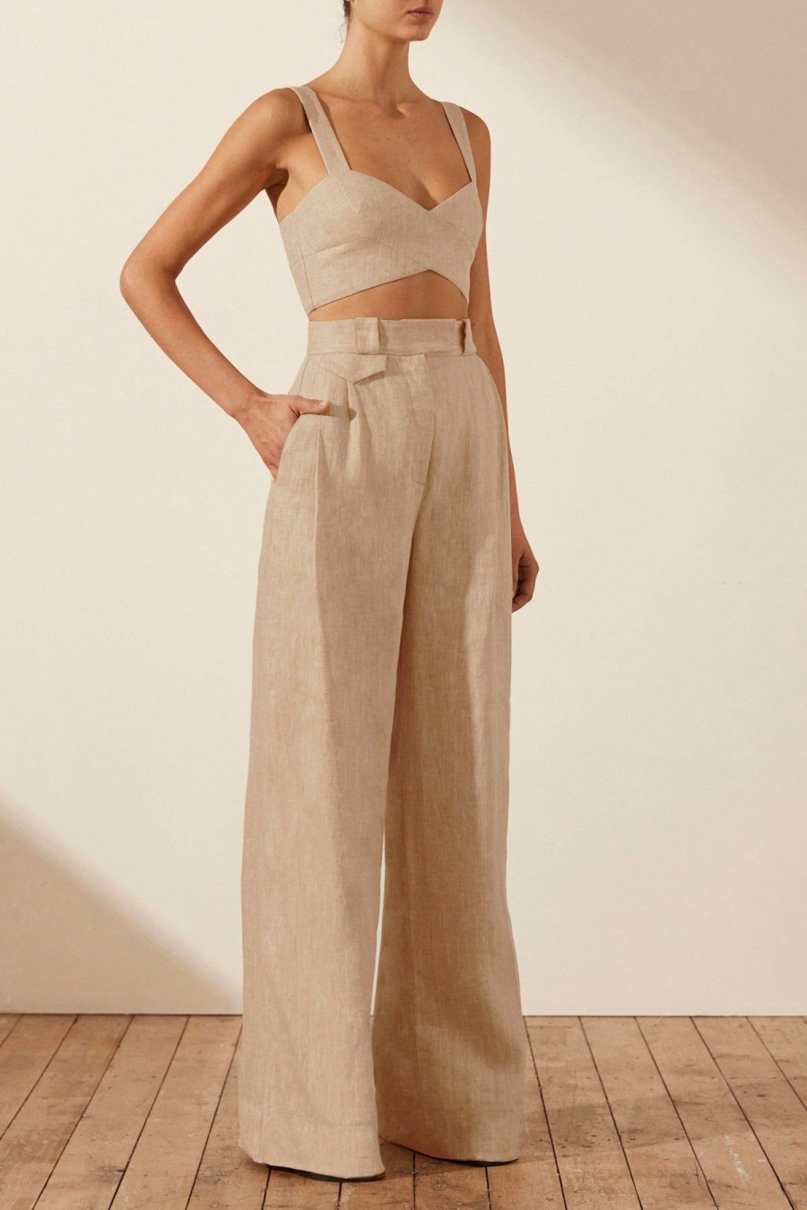 Clothing Shona Joy | Amanda Linen Tailored Wide Leg Pant - Sand